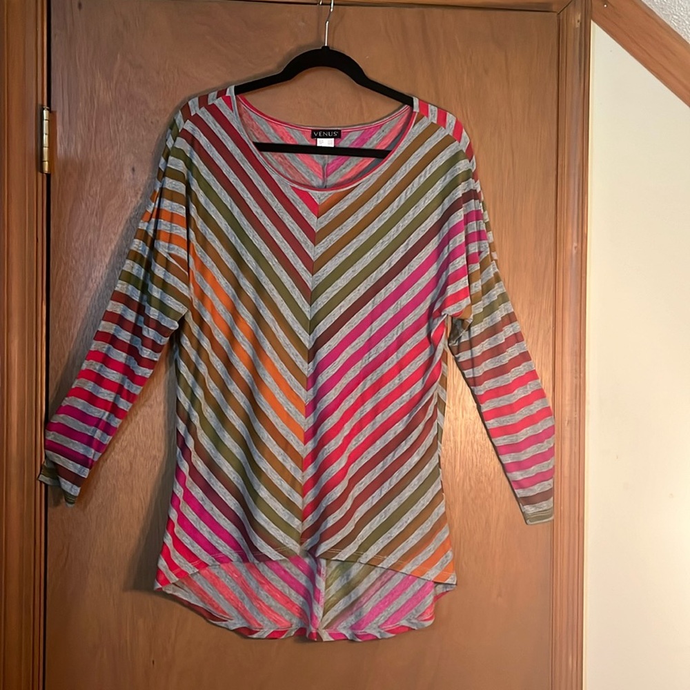 Cotton blend Venus tunic top with flattering diagonal multi color pattern